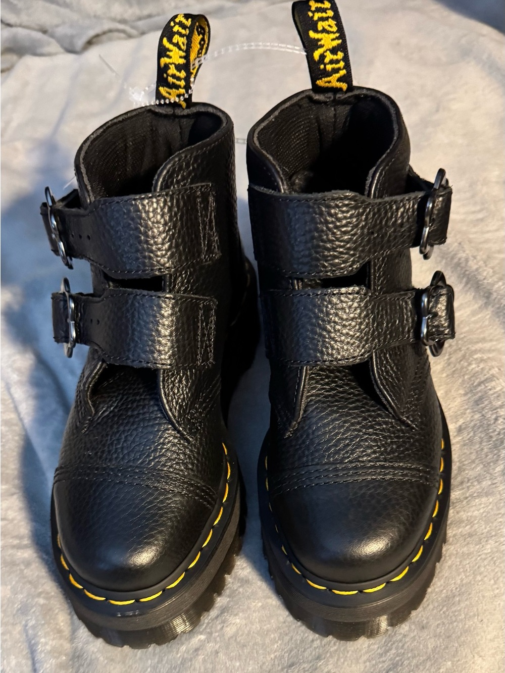 Dr. Martens Kids Black Leather Double-Buckle Boots with Yellow Stitch
